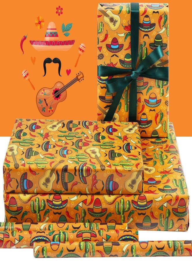 AirCool Mexican Fiesta Wrapping Paper, 6 Sheets Cactus Sombrero Guitar Chili Pepper Mustache Printed Mexico Party Gift Wrap 20x28 inches Folded Flat for Mexican Themed Cinco De Mayo Carnival Birthday Party - Image 3